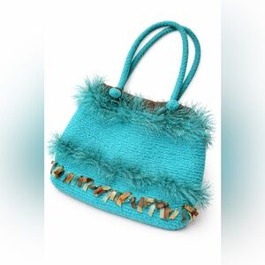 Y2K Turquoise Knit Fringe Shoulder Bag | Textured Boho Statement Purse